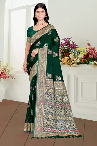green satin silk blend woven work traditional saree