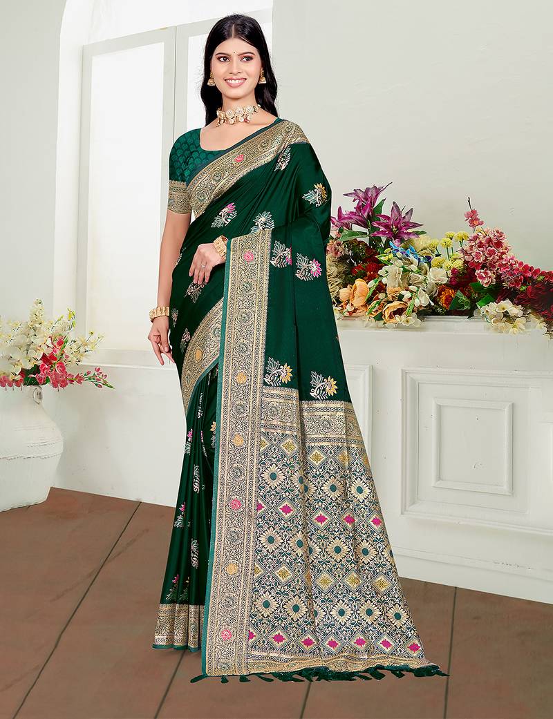 green satin silk blend woven work traditional saree
