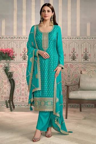 Sea green color viscose chiniya silk fabric ethnic embroidered salwar kameez
