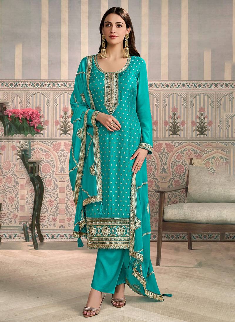 Sea green color viscose chiniya silk fabric ethnic embroidered salwar kameez
