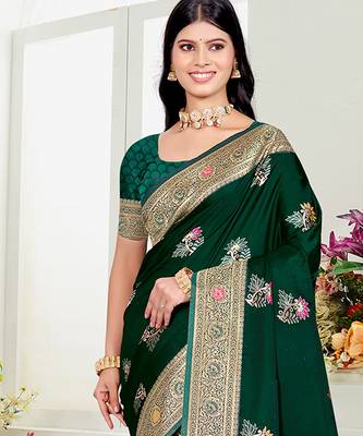 green satin silk blend woven work traditional saree 2