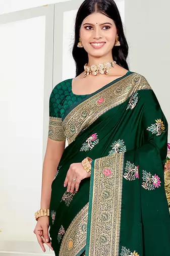 green satin silk blend woven work traditional saree