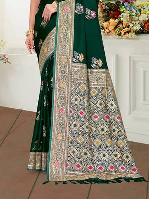 green satin silk blend woven work traditional saree 3