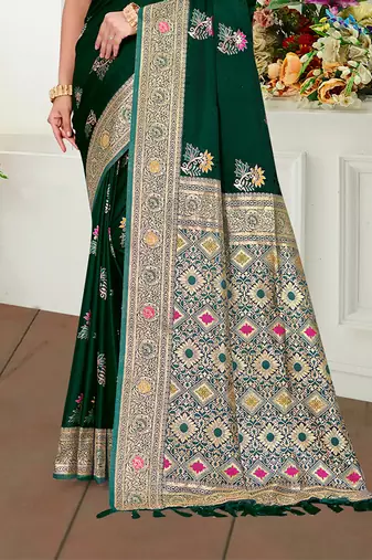 green satin silk blend woven work traditional saree