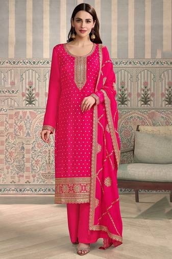 Pink color viscose chiniya silk fabric ethnic embroidered salwar kameez