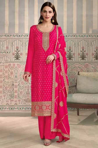 Pink color viscose chiniya silk fabric ethnic embroidered salwar kameez