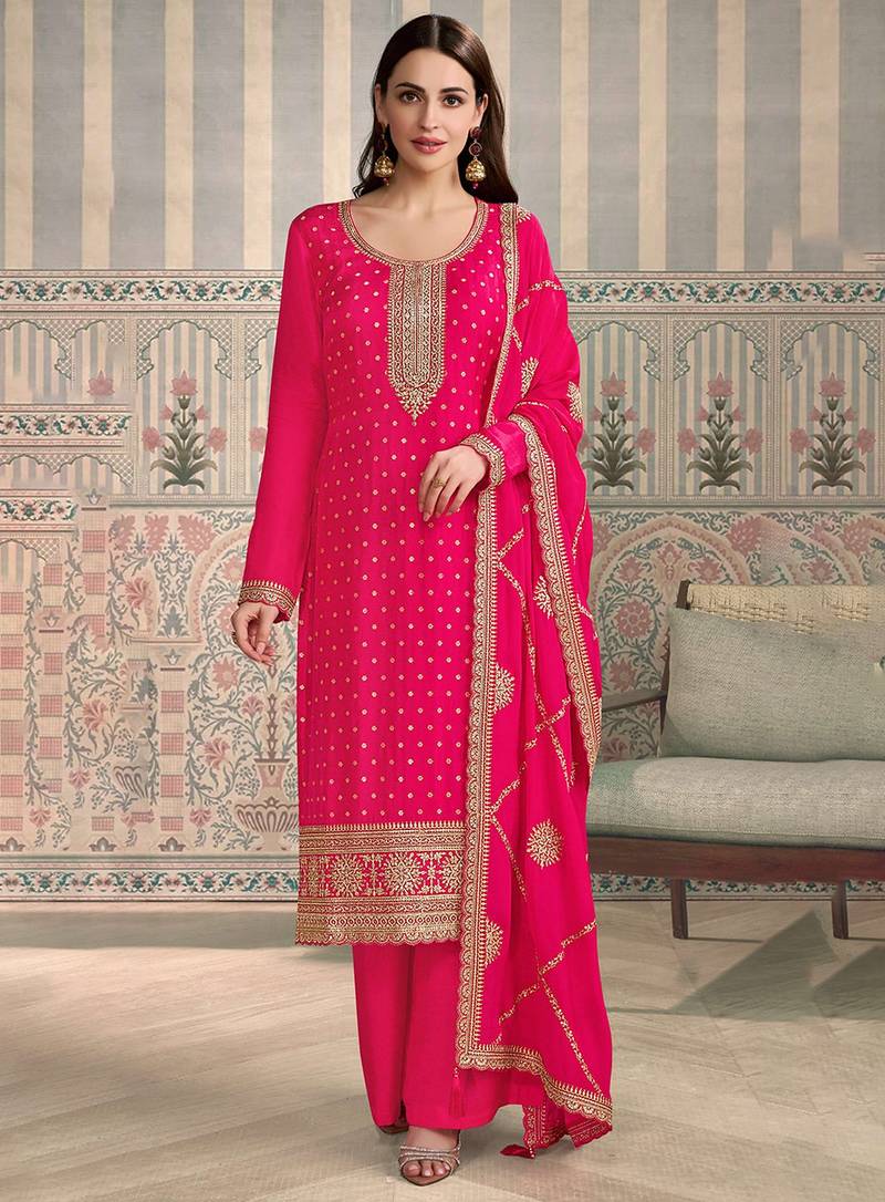 Pink color viscose chiniya silk fabric ethnic embroidered salwar kameez