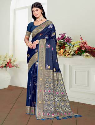 navy blue satin silk blend woven work traditional saree 1