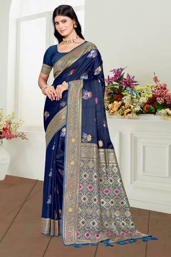 navy blue satin silk blend woven work traditional saree