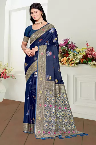 navy blue satin silk blend woven work traditional saree