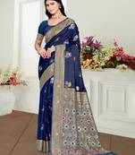 navy blue satin silk blend woven work traditional saree