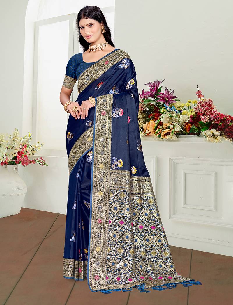 navy blue satin silk blend woven work traditional saree