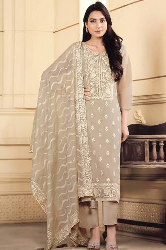 Grey color elegant organza fabric embroidered suit