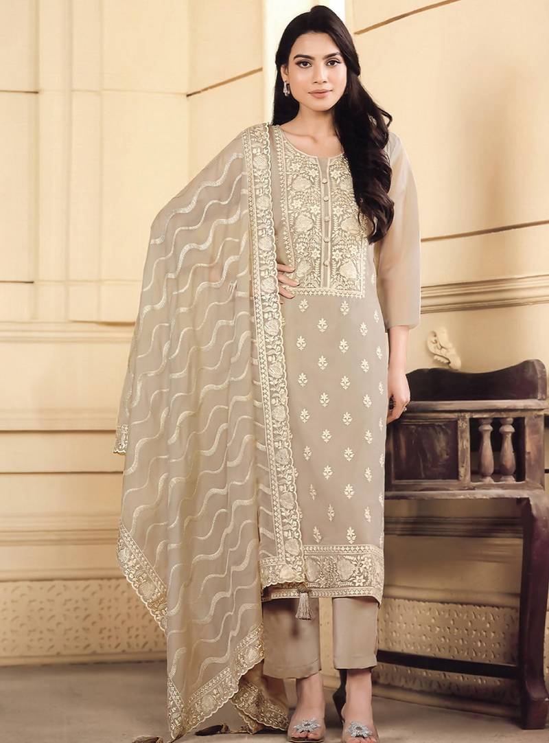 Grey color elegant organza fabric designer embroidered suit