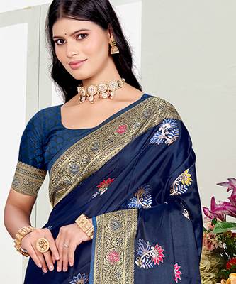 navy blue satin silk blend woven work traditional saree 2