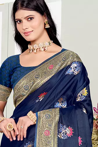 navy blue satin silk blend woven work traditional saree