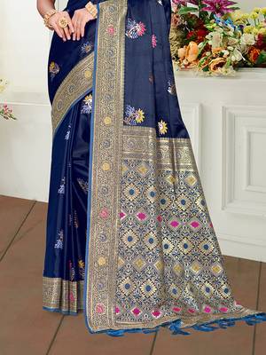 navy blue satin silk blend woven work traditional saree 3