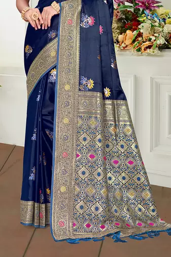 navy blue satin silk blend woven work traditional saree