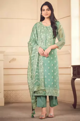 Sea green color elegant organza fabric designer embroidered suit