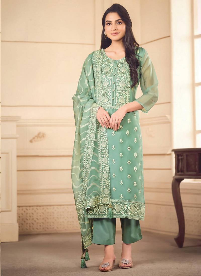 Sea green color elegant organza fabric designer embroidered suit