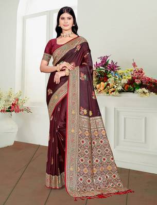 maroon satin silk blend woven work traditional saree 1