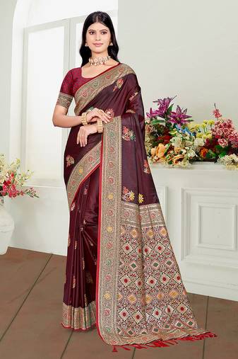 maroon satin silk blend woven work traditional saree