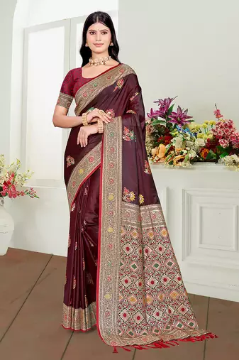 maroon satin silk blend woven work traditional saree