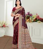 maroon satin silk blend woven work traditional saree