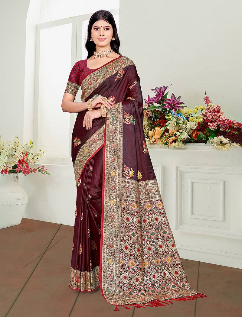 maroon satin silk blend woven work traditional saree