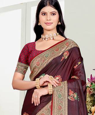 maroon satin silk blend woven work traditional saree 2
