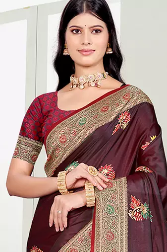 maroon satin silk blend woven work traditional saree