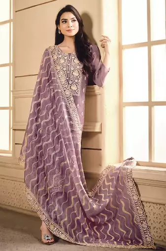 Purple color elegant organza fabric designer embroidered suit