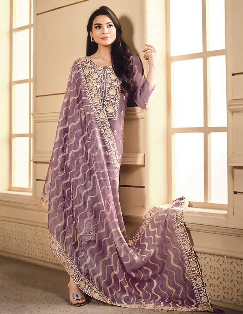 Purple color elegant organza fabric designer embroidered suit