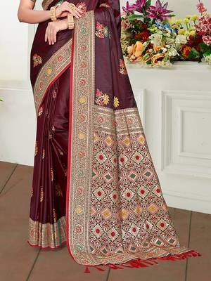 maroon satin silk blend woven work traditional saree 3