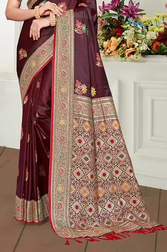 maroon satin silk blend woven work traditional saree