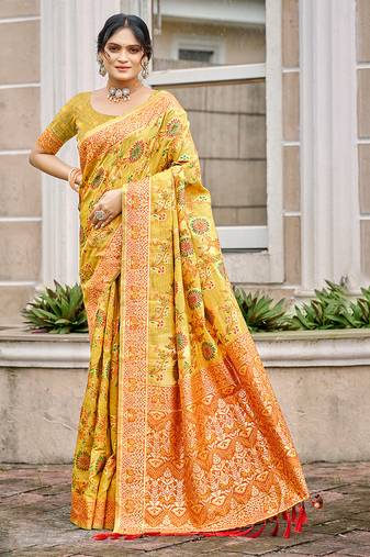 yellow cottan silk blend with meena woven work traditional saree