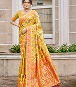 yellow cottan silk blend with meena woven work traditional saree