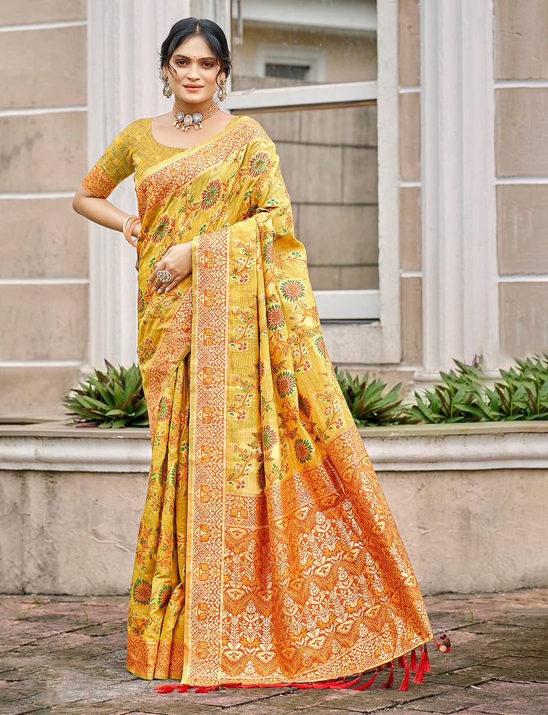 yellow cottan silk blend with meena woven work traditional saree