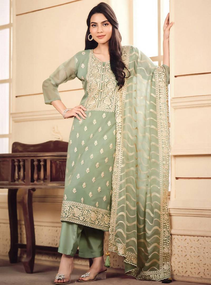Pista color elegant organza fabric designer embroidered suit