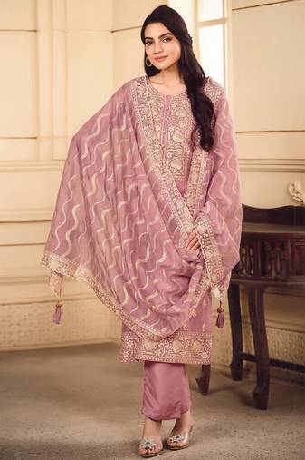 Pink color elegant organza fabric designer embroidered suit