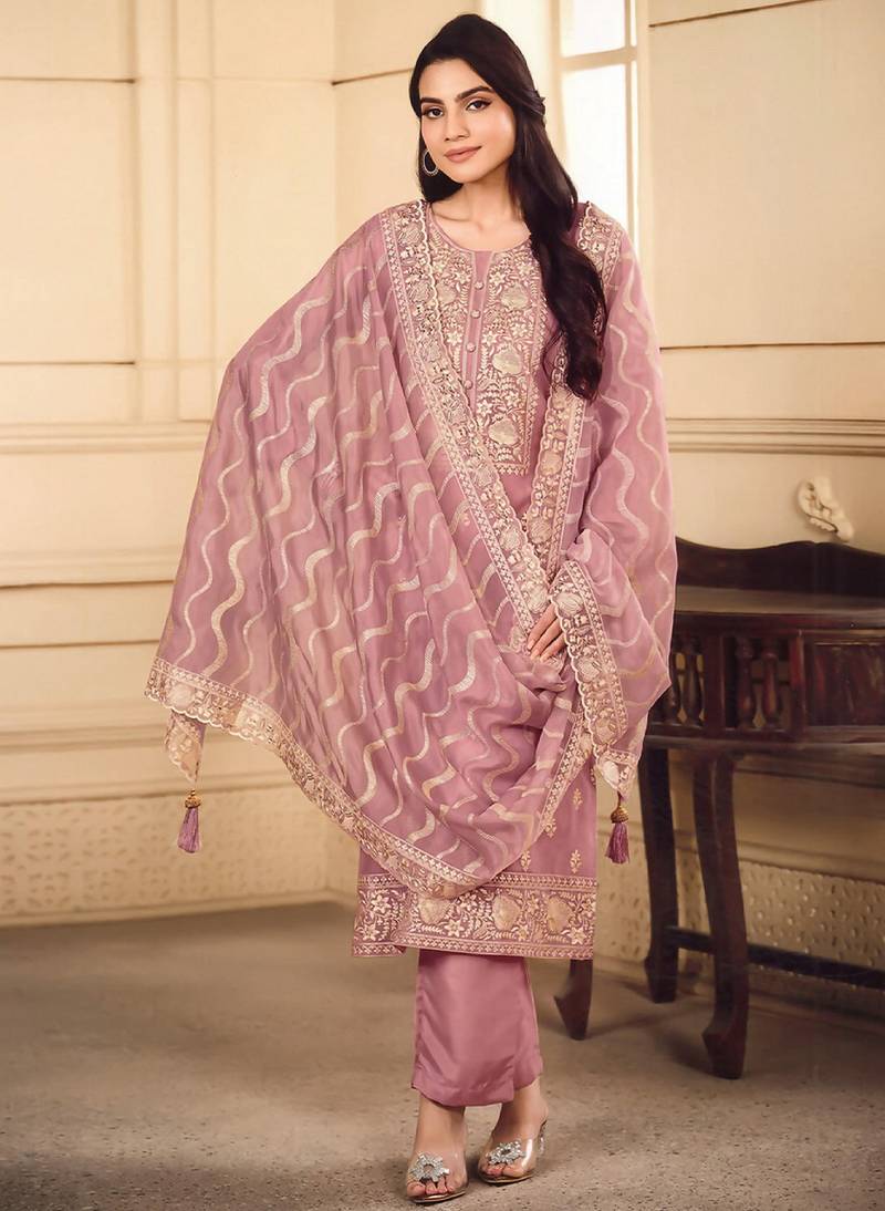 Pink color elegant organza fabric designer embroidered suit
