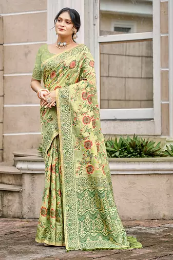 green cottan silk blend with meena woven work traditional saree