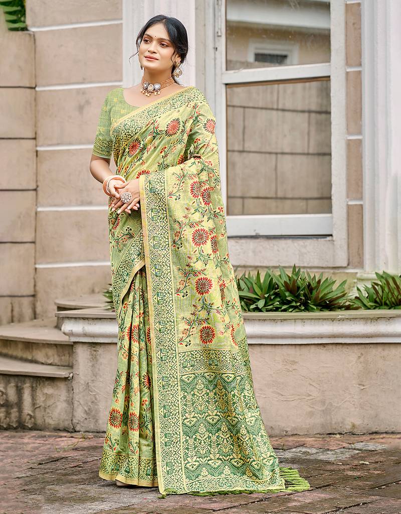 green cottan silk blend with meena woven work traditional saree