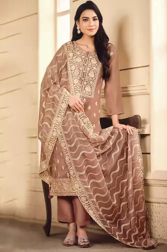 Brown color elegant organza fabric designer embroidered suit