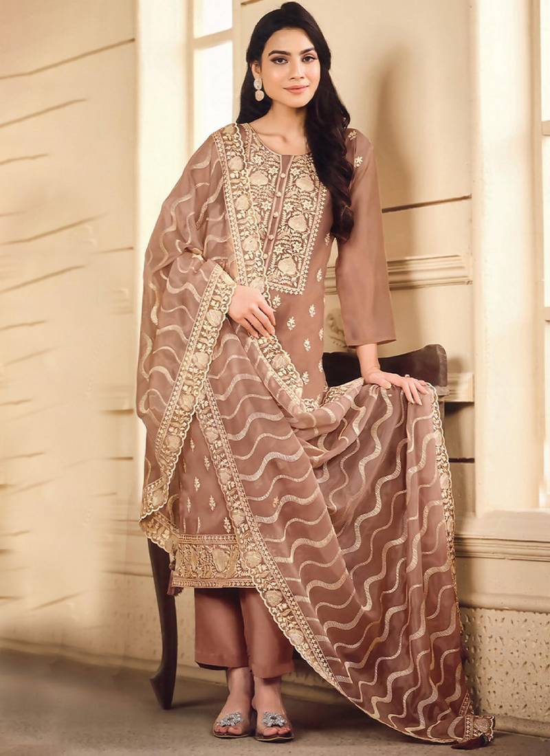 Brown color elegant organza fabric designer embroidered suit