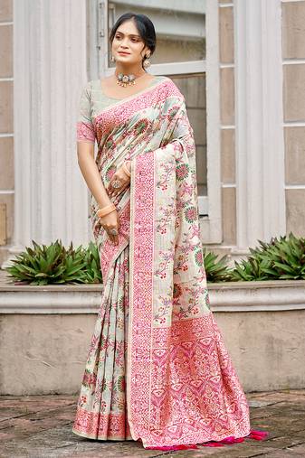 Cream cottan silk blend with meena woven work traditional saree