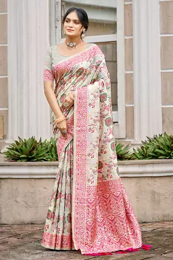 Cream cottan silk blend with meena woven work traditional saree
