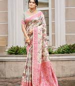 Cream cottan silk blend with meena woven work traditional saree