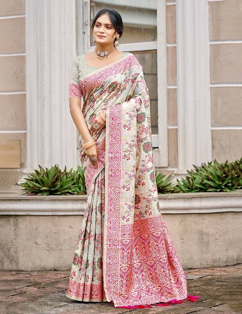 Cream cottan silk blend with meena woven work traditional saree