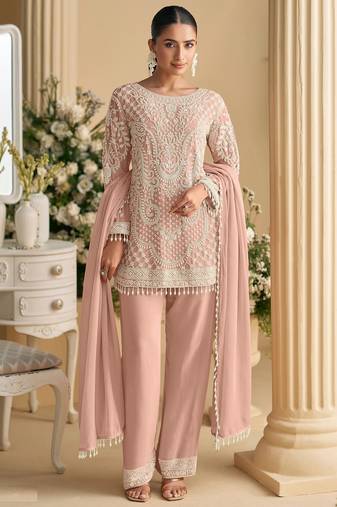Peach georgette embroidered suit semi stitched